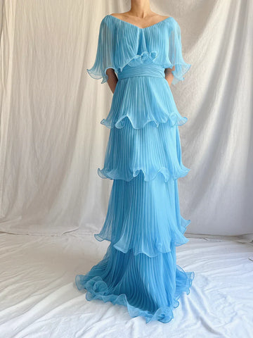 Blue Layered Chiffon A Line V Neck Simple Long Party Dress Evening Dress 18 Birthday Dress HZ1023